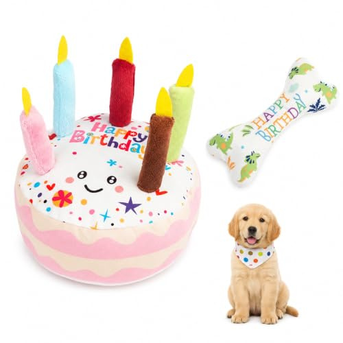 Dog Birthday Toy Set, 2 Plush Toys, Cake & Blue Bone, Dogs & Puppies