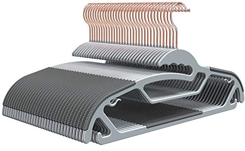 FSUTEG 50-Pack Slim S-Shaped Plastic Hangers with Non-Slip Grips – Space-Saving Gray Hangers for Delicate Necklines, Fits Shirts, Dresses & Coats in Closet/Dorm Organizers
