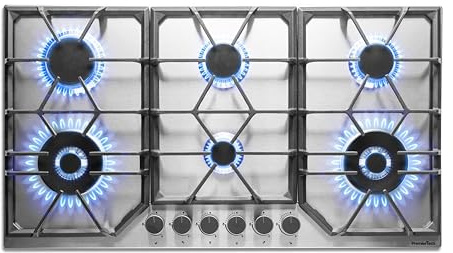 PremierTech Piano Cottura a Gas 6 fuochi, 90 cm, Acciaio Inox, Incasso 83 x 49cm, Doppio Bruciatore Wok, Supporti in Ghisa professionali, predisposto Metano e Kit Ugelli GPL inclusi, PC906