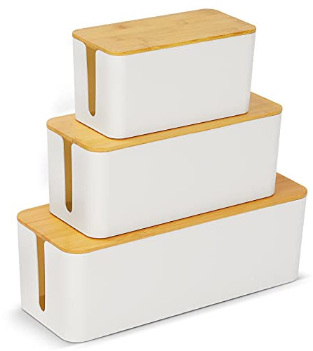 3 Stück Kabelbox, Kabelmanagement Box zum Verstecken und verbergen Sie Steckdosenleisten und Kabel, Kabel Organizer Aufbewahrungsbox mit Bambusdeckel & Gummifüßen(Schwarz)
