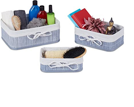 Relaxdays Cesto Almacenaje Set 3, Bambú, Tela, Caja Oganizadora Rectangular Estantería, Armario, 3 Tamaños, Gris, Crema