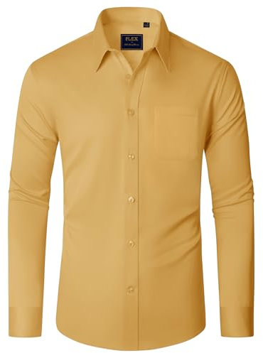 J.VER Mens Shirts Long Sleeve Dress Non Iron Casual Shirt Stretch Regular Fit Work Formal Business Button Down Shirts with Pocket Yellow XL
