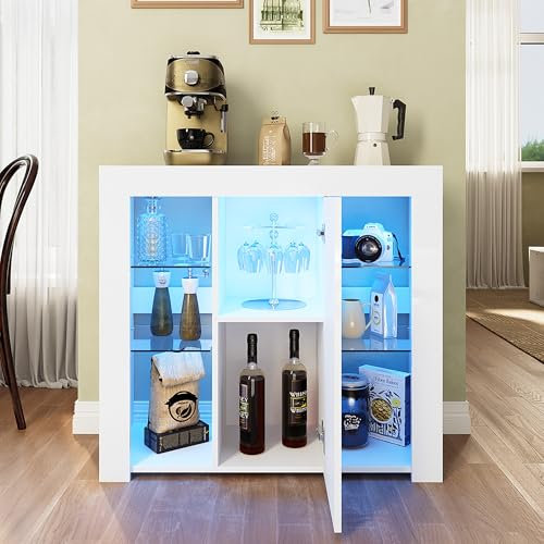 SUNXURY Kommode Sideboard Weiße Hochglanz Wohnzimmermöbel mit LED Beleuchtung Standschrank Wohnzimmerschrank für mehr Stauraum 900 x 350 x 830mm