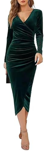 Rongseng Vestiti da Donna Elegante in Velluto Abito da Donna Manica Lunga con Scollo a V Invernale Abito da Cocktail Abiti da Cerimonia Lunghi Maxi Abiti per Casual Cocktail Feste Autunno e Inverno