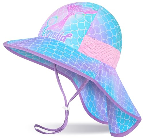 Girls Sun Hat for Kids UV Protection Unicorn Summer Hat Beach Play Hats Wide Brim Neck Flap for Girls Ponytail Hat 2-9 Years (Blue Purple Mermaid)