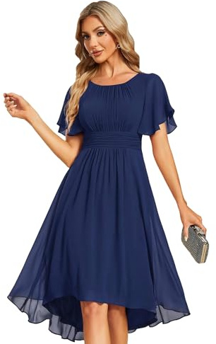 Ever-Pretty Women's Chiffon Blue Evening Dresses Crew Neck Pleated Waist Short Sleeve Wedding Guest Dress Navy Blue 18UK