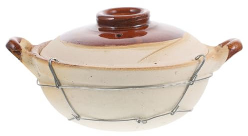 MUCKLILY Small 0.5l Handle Casserole Pot Clay Stewing Pot Household Cooking for Stovetop Use with White Ceramic and Iron Wire Frame Kitchen Cooking Supply for Single Serving Random Style