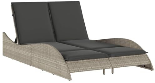 vidaXL Sonnenliege, Gartenliege mit Auflagen, Relaxliege Doppelliege Verstellbare Rückenlehne, Gartenmöbel Strandliege Stahlrahmen, Hellgrau Poly Rattan