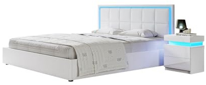 Bed Frame with Storage, 4FT Small Double Faux Leather Bed, Ottoman Gas Lift Storage Bed Frame, LED Small Double Size Bed for Bedroom Home, White