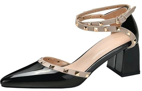 HSyc JRX Decolleté da donna con borchie e tacco a blocco da 6 cm, vernice a punta, Nero , 36 EU