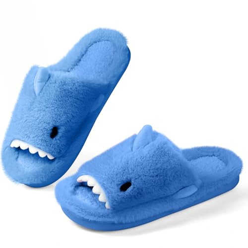 OFFCUP Dam luddig öppen tå tofflor, dam tofflor, söt haj anti-glid mjuk bekväm minnesskum plysch hemskor, platta lurviga tofflor skor för inomhus utomhus flickor, BLÅ, 42 EU