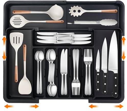 ALAIFU Portaposate per cassetti, grande portaposate espandibile per cucina, inserto regolabile per cassetti, accessori da cucina in plastica, inserto separatore, grande,
