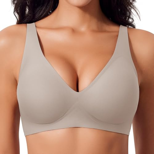 Ganado Damen BH Tiefem V-Ausschnitt Nahtloser BH Ohne Bügel Push Up BHS Bralette Soft Bequem BHS Bügellos Bustier (Hellgrau, L)