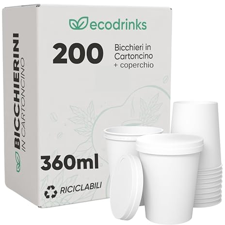ecodrinks - 200 Bicchieri di Carta con Coperchio in Cartone da 360ml - Per Caffè Lungo, Espresso, Ginseng, Acqua o Cocktail - Adatti all'Uso Domestico, Bar, Uffici e Eventi