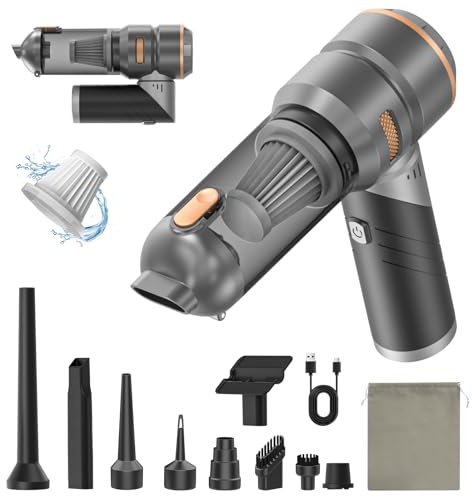 Aspirador de Mano 16000 PA Succión, 7 en 1 Ultra Potente Mini Aspiradora Coche sin Cable Potente Portátil Recargable con Motor sin Escobillas para Coche, Hogar, Oficina y Camping
