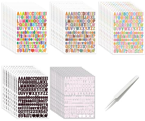 poraceous 50 Hojas de Pegatinas de Letras y Números, Colorido Impermeables Letras Adhesivas, Autoadhesivas Pegatinas del Alfabeto con Pinzas, para Decoración, Manualidades y Albumes de Recortes