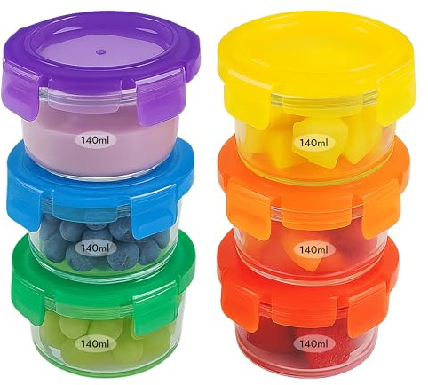 ARSUK Baby Glass Food Containers with Lids (140ml, 6PCS) - Small Airtight Glass Jars for Freezer and Microwave - Ideal Storage for Lunch Box & Meal Prep - BPA Free Toddler Snack Pots