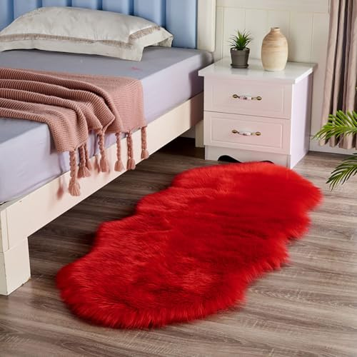 Generisch Shaggy Hochflor Teppich, rutschfest Waschbar Flauschig Teppiche Gegend Läufer Teppiche Moderne Deko Teppich für Schlafzimmer, Wohnzimmer,Rot,160 * 60cm