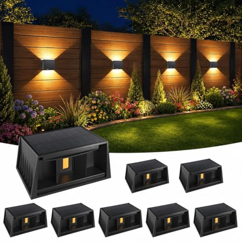 Aplique Solar Pared Exterior, T-SUNUS Lámparas Solares Exteriores Pared, Ángulo Del Haz Arriba y Hacia Abajo, 3000K Blanco Cálido Luces Solares, para Jardín Camino Garaje Patio Terraza, 8 Piezas
