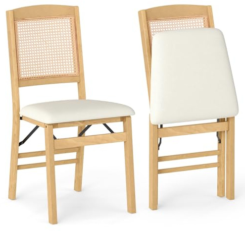 COSTWAY Folding Chair Set of 2, Rubber Wood Upholstered Dining Chairs with Linen Fabric Seat & Rattan Backrest, Easy Storage Kitchen Office Conference Seats, 180kg Capacity, No Assembly (Natural)