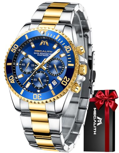 MEGALITH Herrenuhr Edelstahl Chronographen Herren Armbanduhr Großes Wasserdicht Designer Uhren fur Männer Leuchtende Analog Datum Kleid Mode