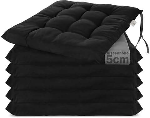 Brandsseller 6er Set Stuhlkissen 40x40 cm Sitzkissen Polster Stuhlauflage mit Haltebändern Dekokissen für Indoor Outdoor gesteppt - Schwarz