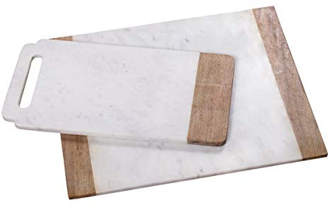 Creative Home Natural White Marble and Mango Wood Board Set, 18 x 9 Handled Serving Board and 16 x 20 Pastry Board, Durable for Baking, Pastries, Cheese, and Entertaining