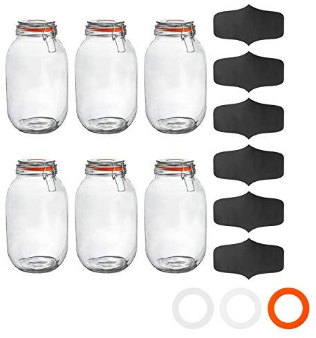 Argon Tableware Glass Jars with Airtight Metal Clip Lid & Chalkboard Stickers - 3000ml/105.5oz - 6 Pack - 4 Colour Seals - Preserving Storage Jar for Pickling, Chutney, Jam, Coffee, Biscuit