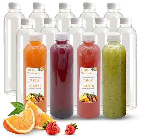 Holotap 16 OZ Empty Plastic Juice Bottles Pack of 30 Clear Disposable Bulk Drink Bottles with White Tamper Evident Caps Lids (16 OZ, White)