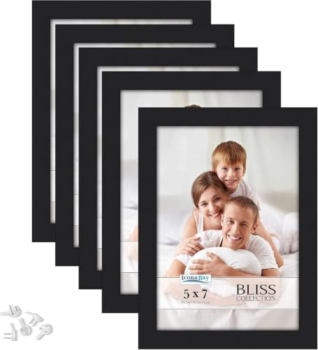 Icona Bay - 7x5 Picture Frames - Black, 5 Pack - Modern Style Wood Composite Frames - Table Top or Wall Mount - Bliss Collection