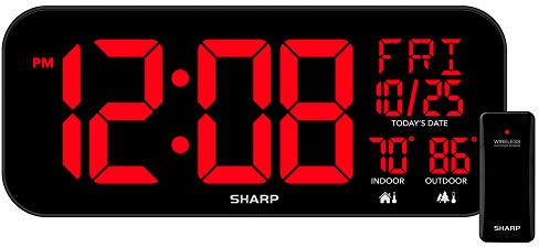 Sharp Reloj de pared LED jumbo de 4 pulgadas con pantalla de temperatura y calendario para interiores y exteriores, 5-7/8 pulgadas de alto x 1 pulgada de ancho x 14 pulgadas de profundidad, color