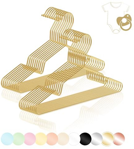 ROW&LINE® – Kinder Kleiderbügel (30 cm) – 20 Stück (Gold) – platzsparende Babykleiderbügel – belastbar mit Schwerer Kleidung – Drahtkleiderbügel für Ordnung & einheitliche Optik im Kleiderschrank