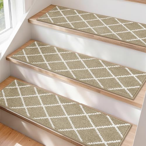 COSY HOMEER Edging Stair Treads Non-Slip Carpet Mat 28inX9in Indoor Stair Runners for Wooden Steps, Stair Rugs for Kids and Dogs, 100% Polyester TPE Backing 15pcs, Beige