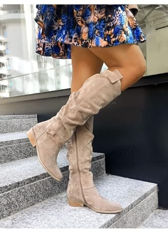 JUNSHANG Women's Low Heel Side Zip Suede High Top Boots，Womens Mid Calf Boots Knee Stretchy Low Heel Booties Zip Strap Riding Winter Slouch Shoes, beige-43