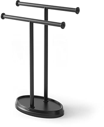 Umbra Palm Double Hand Towel Tree, Brushed Nickel 2 Towels Holder and Accessories Stand for Bathroom Vanities - Slim, Modern, Durable Bars with Base Serves as a Jewelry Tray for Rings