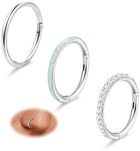 Diamday 3Pcs G23 Titanio Anello Naso Cerchi Donna 16G Anello Setto Incernierato CZ Clicker Segmento Setto Labbro Naso Trago Cerchio Elica Cartilagine Conchiglia Rook Gioielli Daith Piercing 10MM
