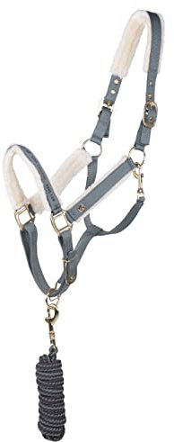 ARBO-INOX Halfter-Set mit Kunstfell und goldenen Beschlägen Halfter mit Führstrick (Pony, Dusty Olive)