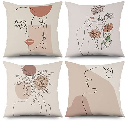 ASDCXZ Boho Kissenbezug 40x40 cm 4er Set, Modern Abstrakt Kunst Linie Mädchen Blume Beige Dekokissen Kissenbezüge Kissenhülle Waschbar Polyester Flachs Textil Polster Kopfkissenbezug Kissen Bezug