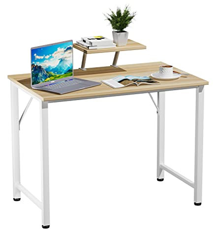 Rcynview Escritorio Ordenador con Soporte Monitor, Mesa Ordenador Portatil Madera, Escritorios con Patas Metálicas Estables, 80x40x74cm Mesa Gaming para Oficina Despacho y Sala de Estar, Beige