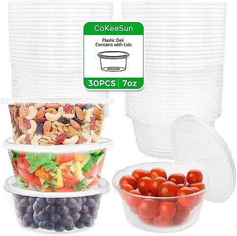 CoKeeSun 30 Pièces Boite Plastique Alimentaire avec Couvercle Reutilisable, 200ml Pots a Sauce Rondes, Transparent Boîte à Emporter Pour Salades, Condiments, Slime, Crèmes, Passe Au Micro-Ondes