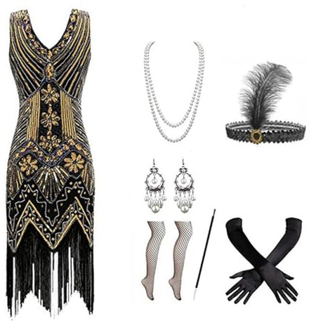 Gammify Abito da sera da donna anni 1920, scollo a V, con paillettes, perline e frange, completo di accessori anni 20