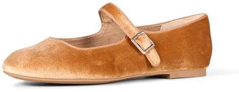 Amazon Essentials Women's Mary Jane Ballet Pumps, Apricot Orange Velvet, 4.5 UK