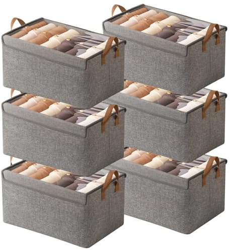 AARAINBOW Closet Organizer Bins 6 Pc, Fabric Storage Box Stackable Shelf Organizer Bins, Foldable Closet Shelf Storage Container with Lid & Steel Frame, 23L (6 Gray with Lid)