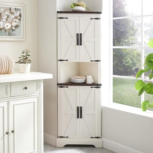 Minifeel Tall Farmhouse Corner Cabinet with 4 Doors and Adjustable Shelves, Farmhouse Storage Cabinet with Barn Door Design, Home Space Saver for Living Room, Kitchen, Laundry Room (Antique White)