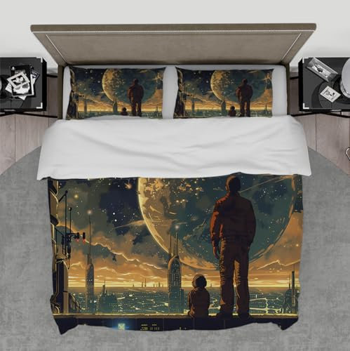 MOKOSAISE Cartoon Anime Style Bettwäsche Set 3 Stück Future Cityscape Outer Space Planet Soft Bedding Set mit 2 Kissen Shams Reißverschluss & 4 Krawatten 135 x 200 cm