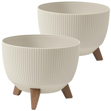 Tymar Macetero con patas, macetas para exteriores, maceta grande, macetero, macetero, macetero, macetero redondo (2 unidades), color beis, diámetro de 29 cm