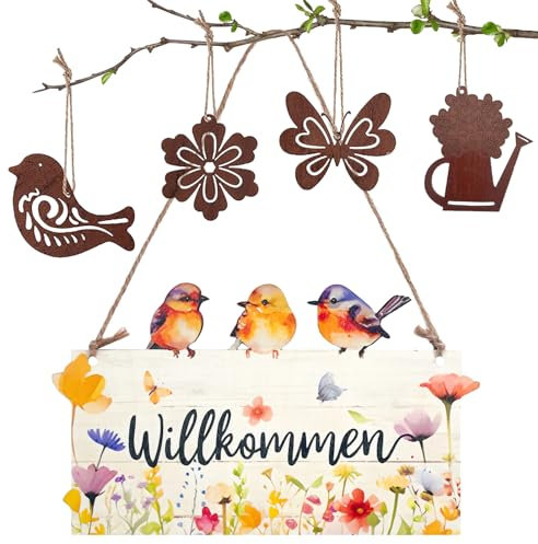 Bienvenido a Casa Puerta Cartel Welcome Decoracion,Señal de Bienvenida,1 Letrero de Puerta de Madera + 4 Decoraciones Vintage,Decorativa para Puerta de Entrada,Entrada Letrero Home Madera