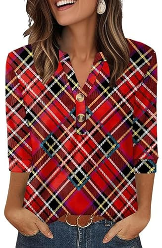 OFEEFAN Blouses for Women Dressy Casual 3/4 Button Down Shirts Christmas Tops Vintage Clothing Red Checks L