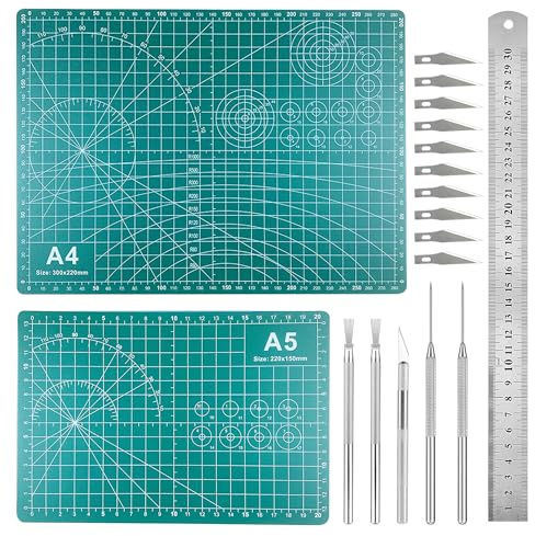 JMZLLRX 18 Pz Set di Tappetino da Taglio, Cutting Mat Piano da Taglio con Righello in Acciaio Lama Coltelli per Artigianato, Modellare Scolpire Modellismo