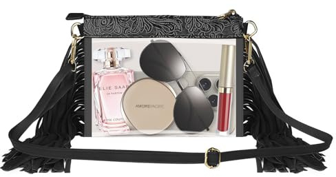 MOETYANG Clear Western Purse with Leather Fringe Trim, Brown Tassel Design, Transparent (black)